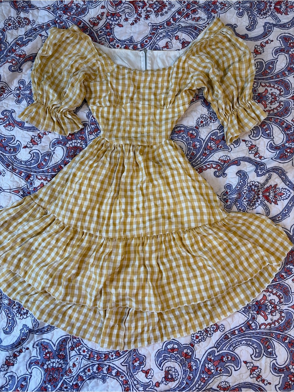 HYFVE Mustard Yellow Gingham Puff-Sleeve Tiered Dress